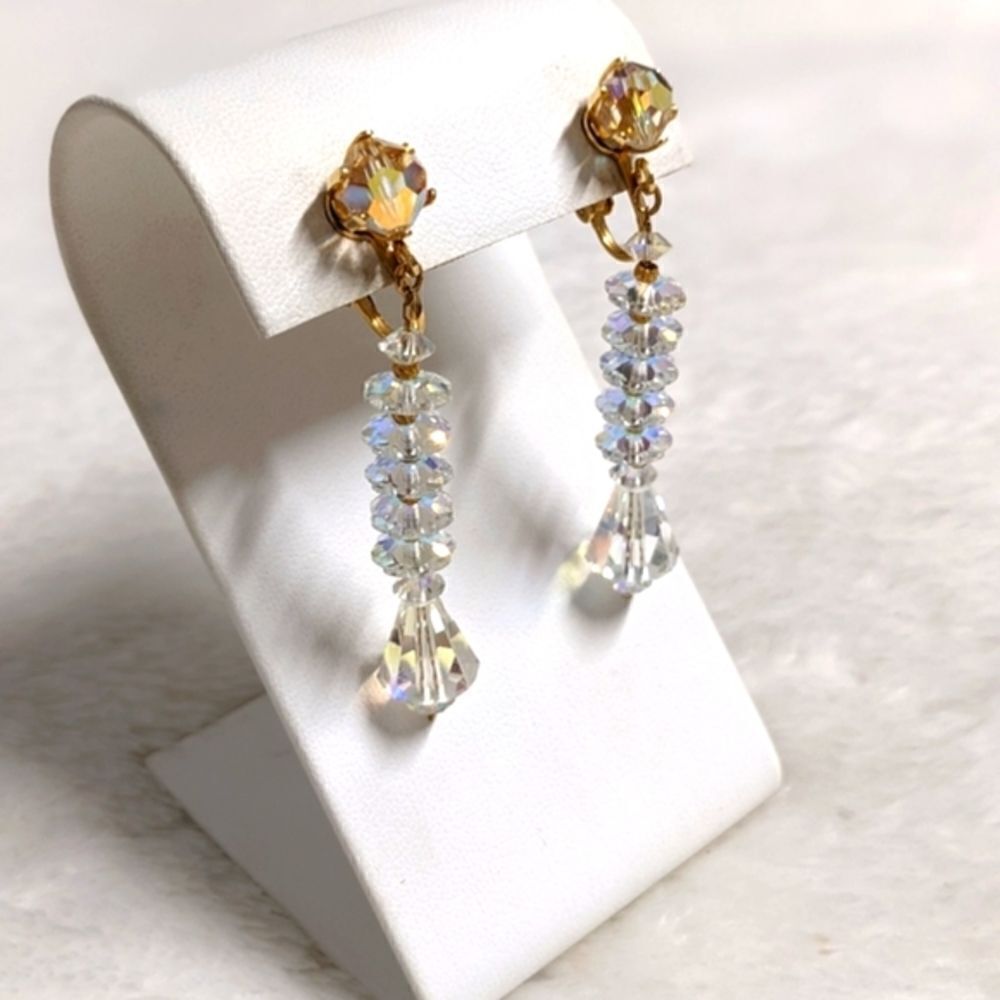 Vintage 1960's Aurora Borealis Crystal Dangle Clip Earrings